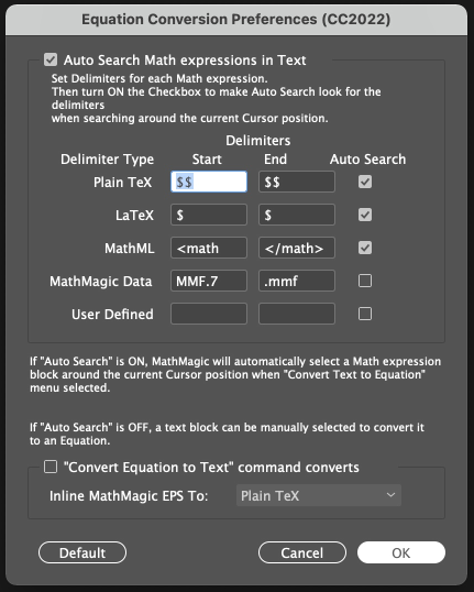 MathMagic Plugin - Conversion Preferences dialog
