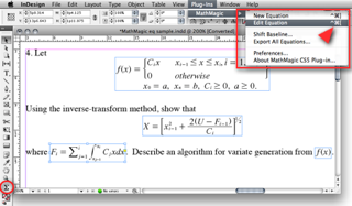 MathMagic plug-in menu and InDesign document with equations